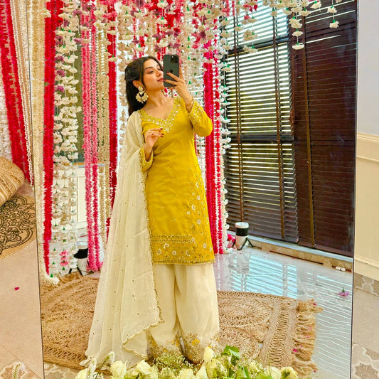 Yellow Embroidered Silk Straight Kurta with Straight Farshi salwar& Dupatta Set