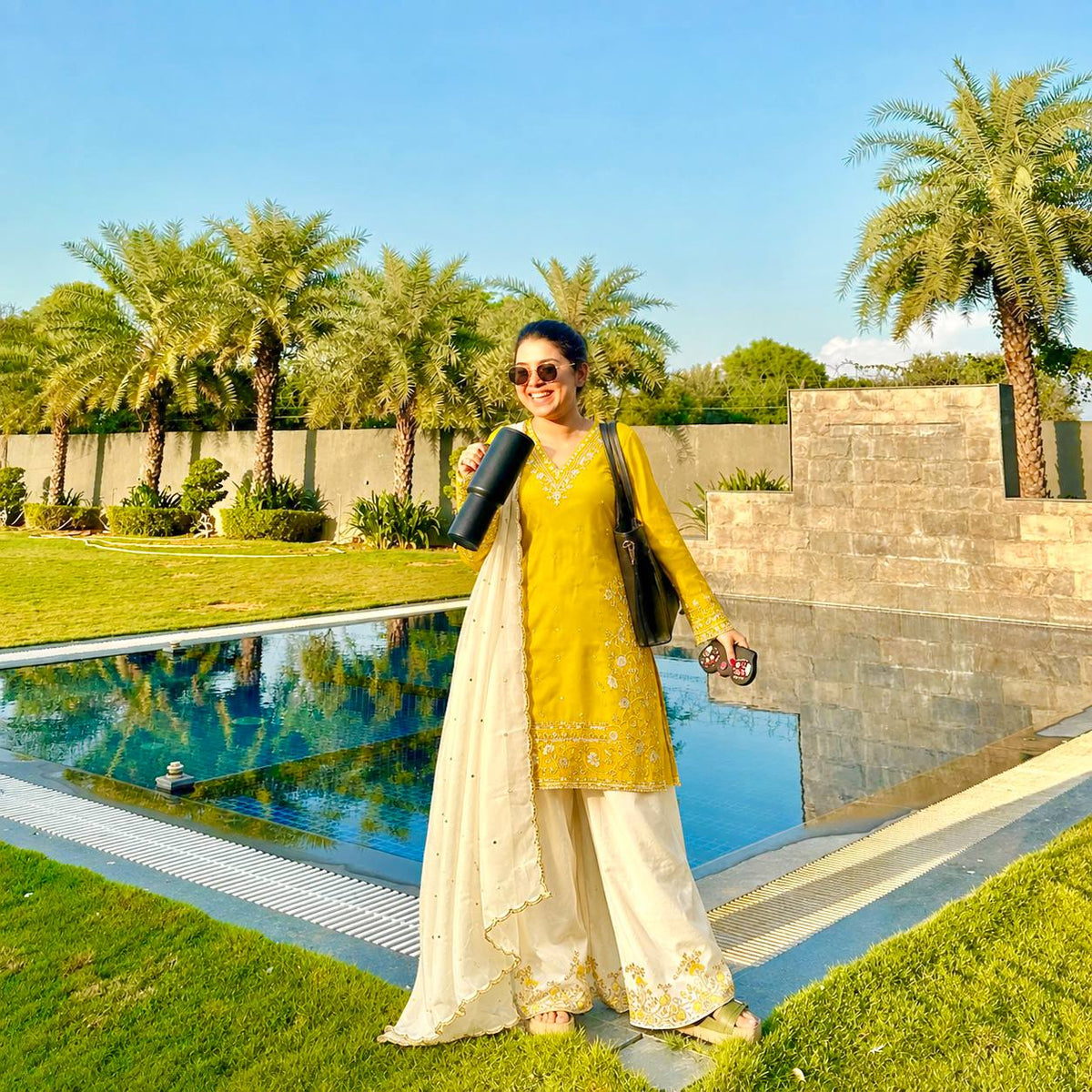 Yellow Embroidered Silk Straight Kurta with Straight Farshi salwar& Dupatta Set
