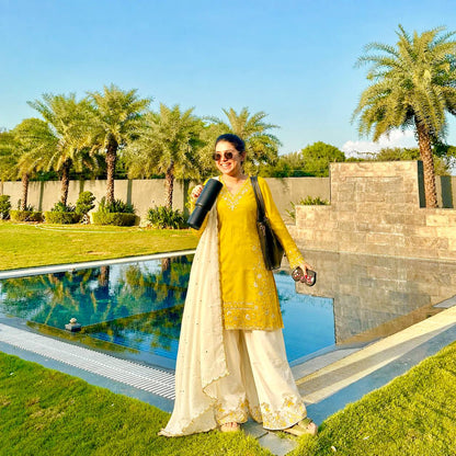 Yellow Embroidered Silk Straight Kurta with Straight Farshi salwar& Dupatta Set