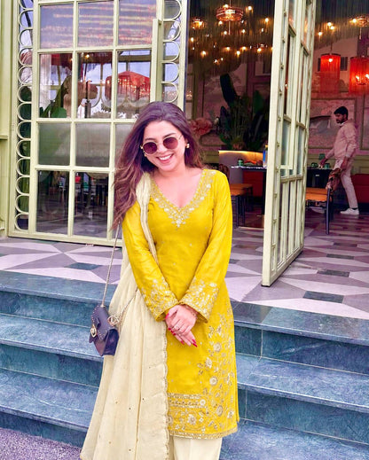 Yellow Embroidered Silk Straight Kurta with Straight Farshi salwar& Dupatta Set