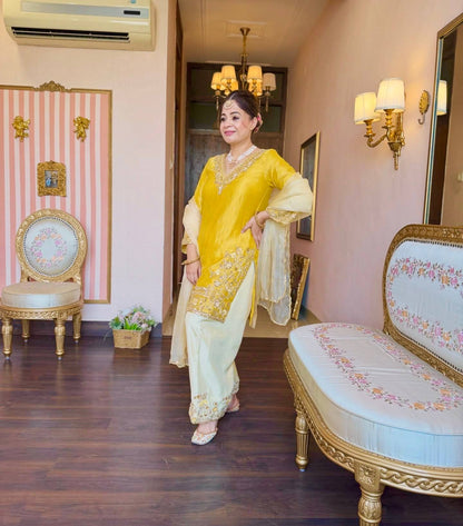 Yellow Embroidered Silk Straight Kurta with Straight Farshi salwar& Dupatta Set