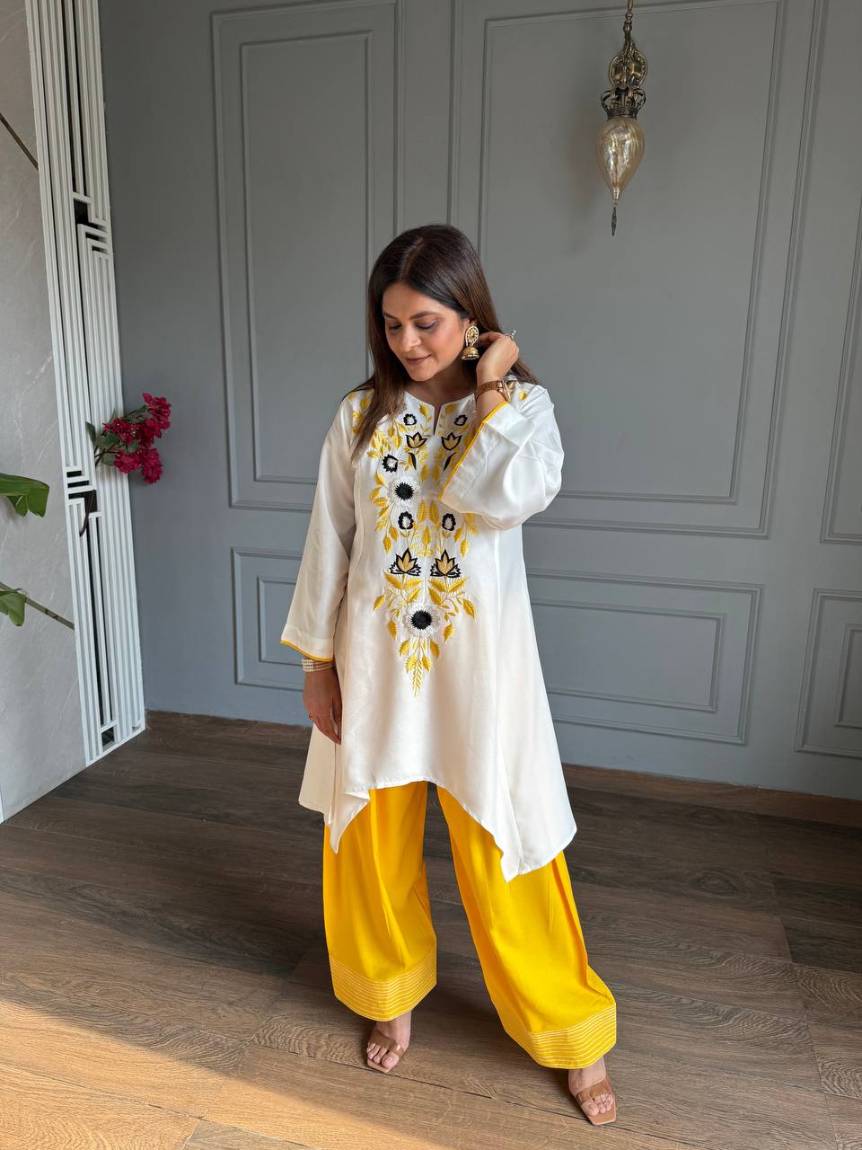 vory Floral Embroidered Rayon A-Line Kurta with Green Palazzo Set