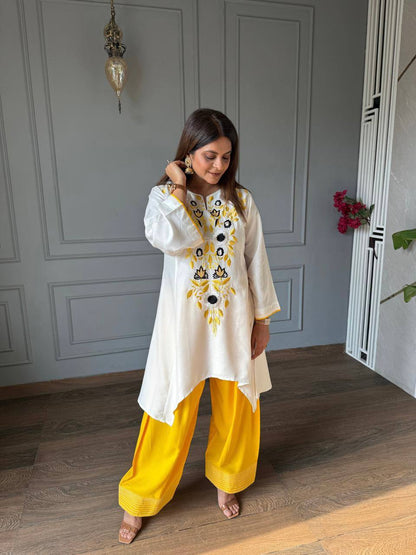 vory Floral Embroidered Rayon A-Line Kurta with Green Palazzo Set