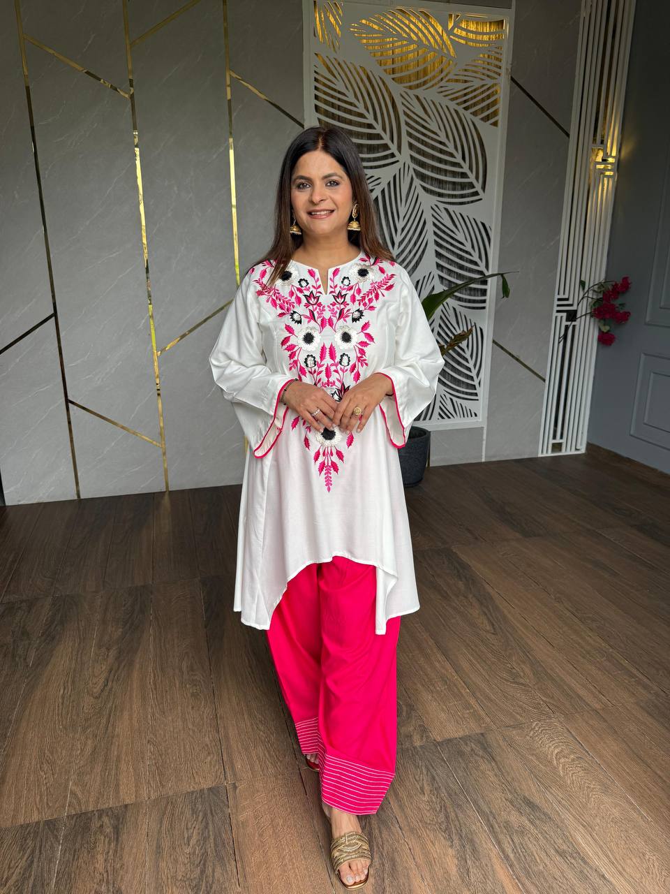 vory Floral Embroidered Rayon A-Line Kurta with Green Palazzo Set