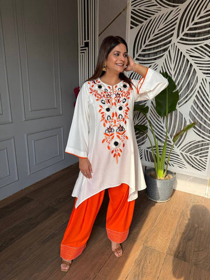 vory Floral Embroidered Rayon A-Line Kurta with Green Palazzo Set
