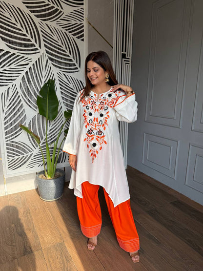 vory Floral Embroidered Rayon A-Line Kurta with Green Palazzo Set
