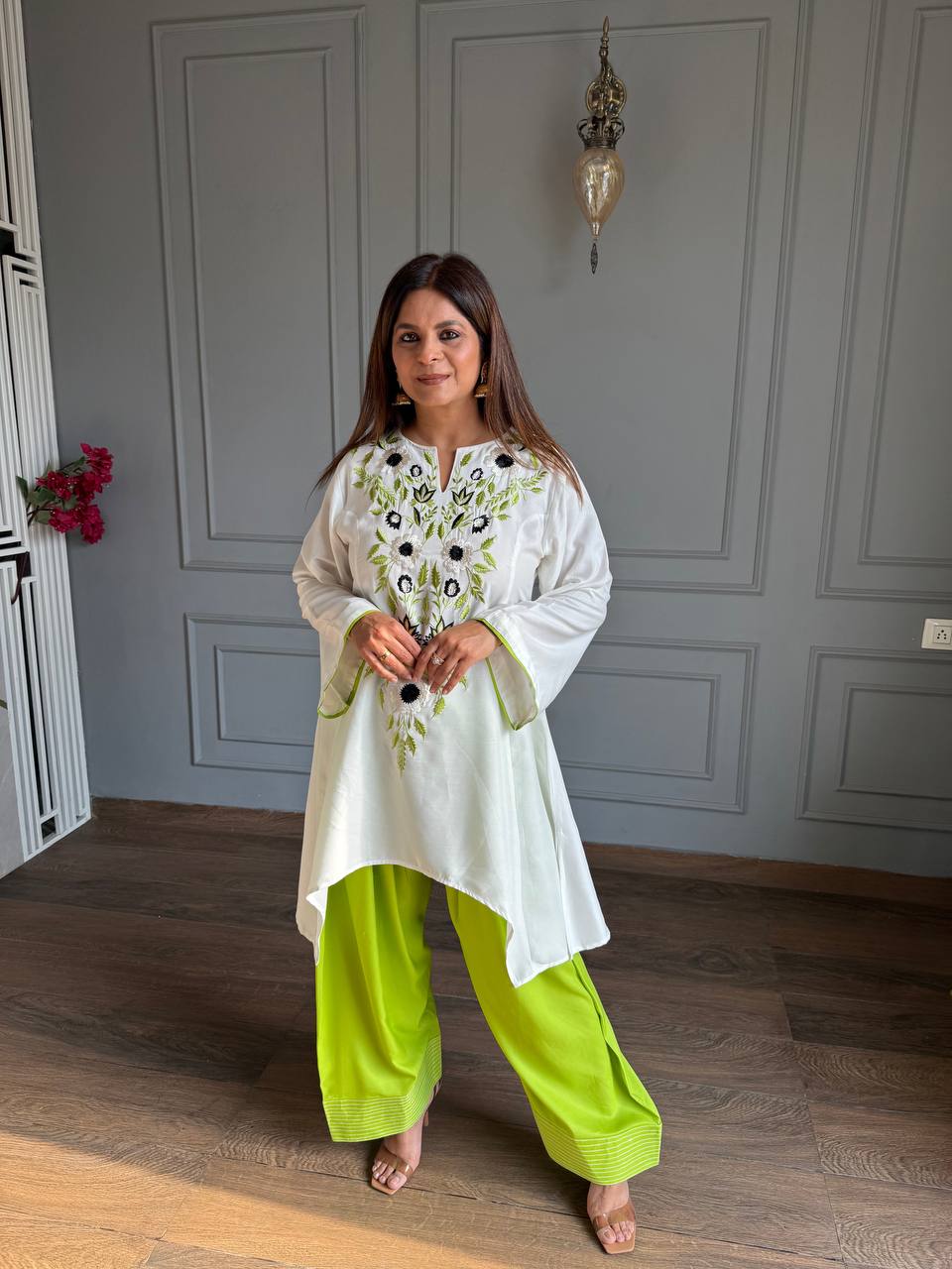 vory Floral Embroidered Rayon A-Line Kurta with Green Palazzo Set