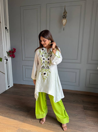 vory Floral Embroidered Rayon A-Line Kurta with Green Palazzo Set