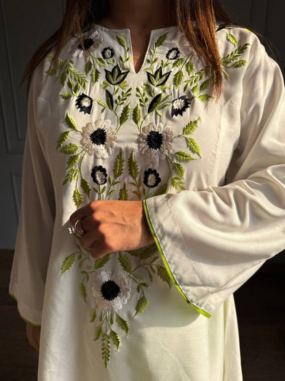 vory Floral Embroidered Rayon A-Line Kurta with Green Palazzo Set