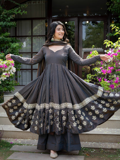Charcoal Grey Embroidered Silk Anarkali Suit Set with Flared Palazzo & Dupatta