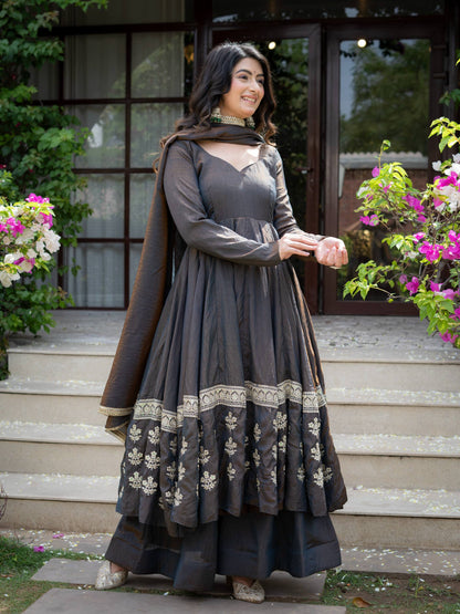 Charcoal Grey Embroidered Silk Anarkali Suit Set with Flared Palazzo & Dupatta