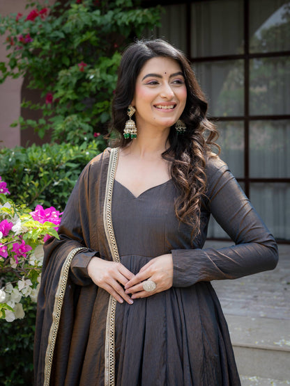 Charcoal Grey Embroidered Silk Anarkali Suit Set with Flared Palazzo & Dupatta