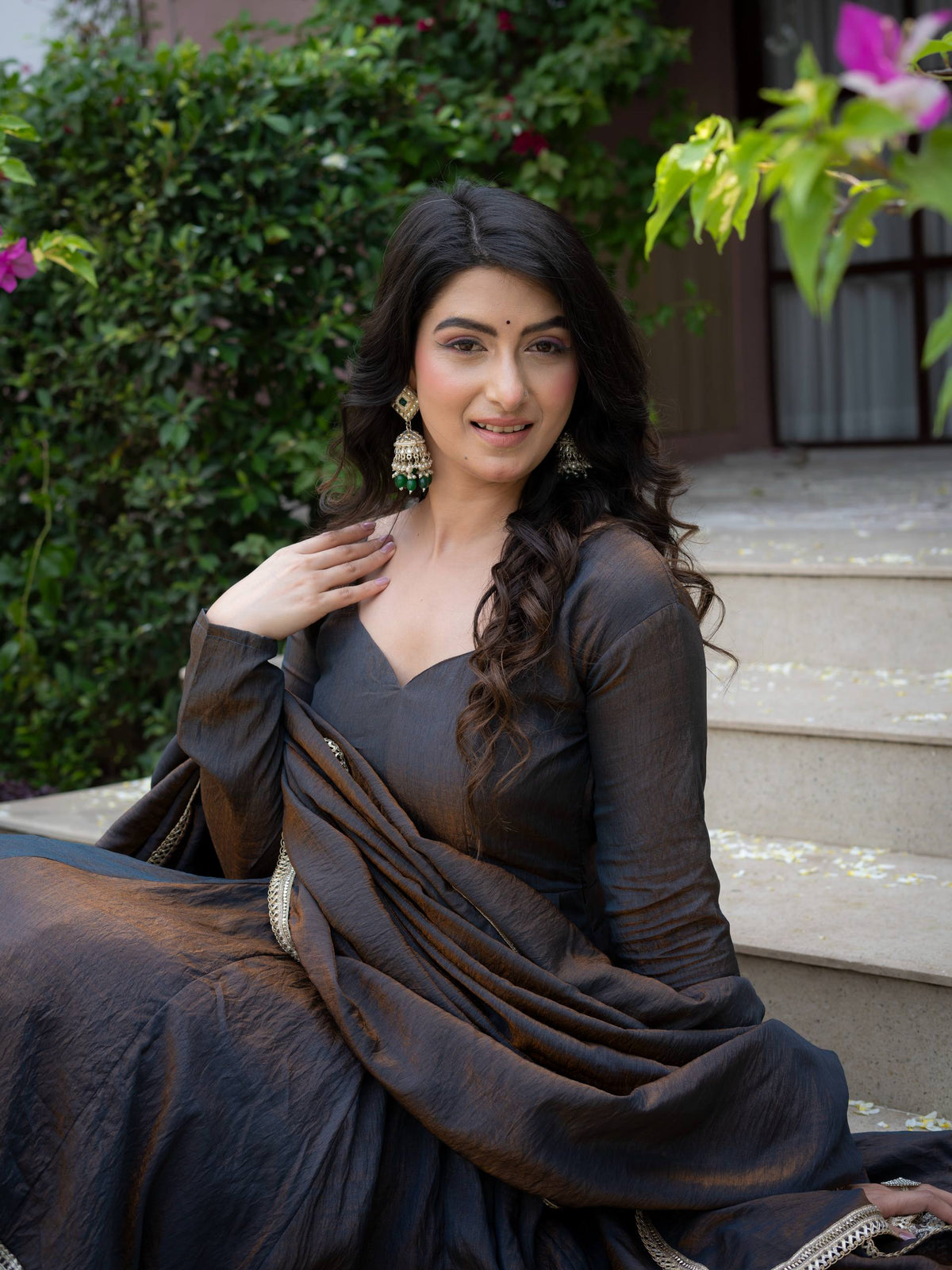 Charcoal Grey Embroidered Silk Anarkali Suit Set with Flared Palazzo & Dupatta