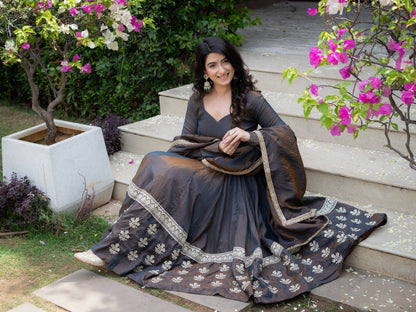 Charcoal Grey Embroidered Silk Anarkali Suit Set with Flared Palazzo & Dupatta