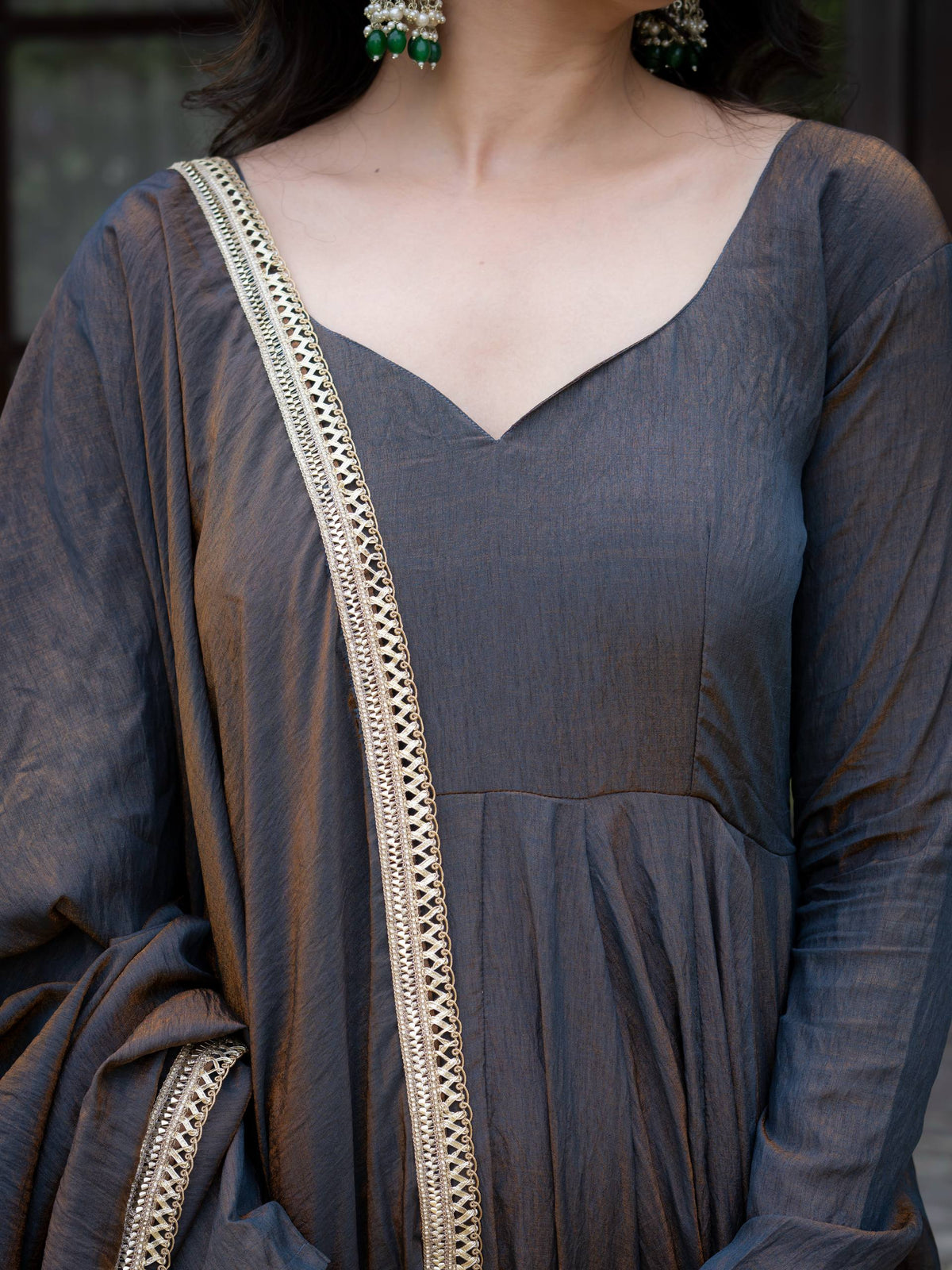 Charcoal Grey Embroidered Silk Anarkali Suit Set with Flared Palazzo & Dupatta