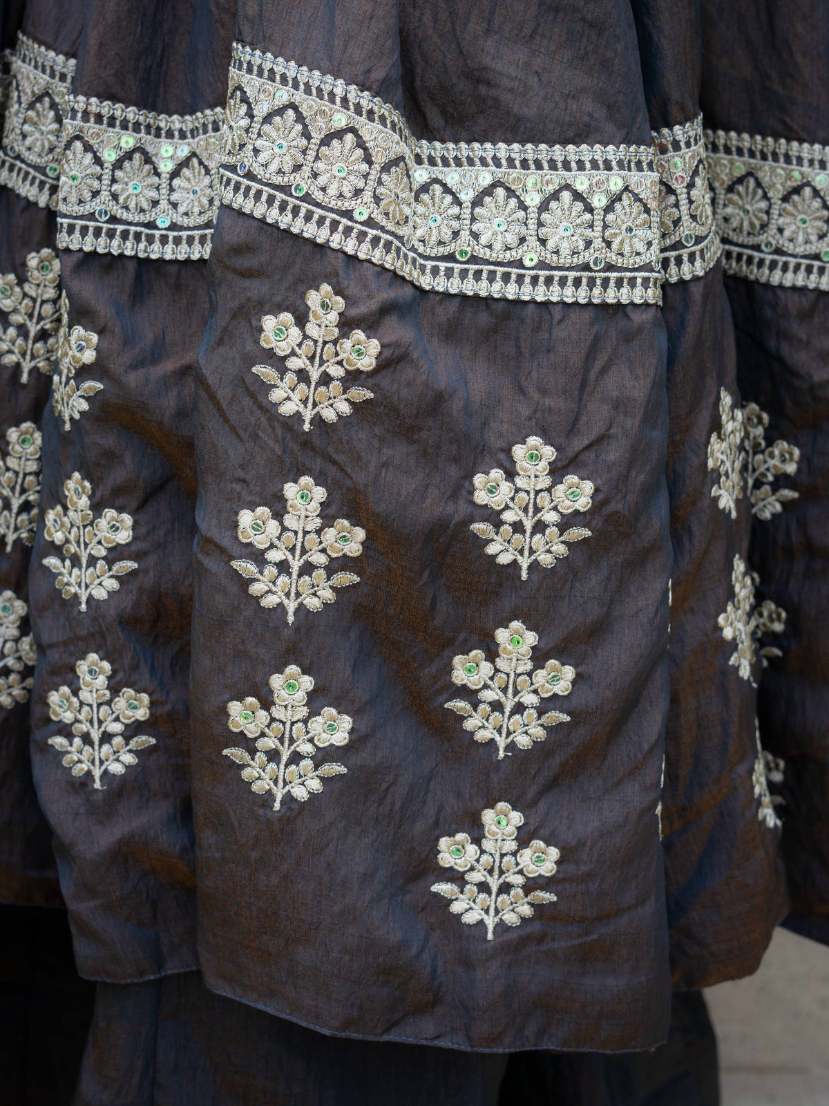 Charcoal Grey Embroidered Silk Anarkali Suit Set with Flared Palazzo & Dupatta