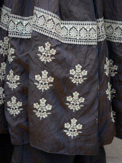 Charcoal Grey Embroidered Silk Anarkali Suit Set with Flared Palazzo & Dupatta
