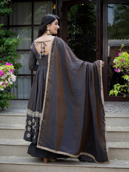 Charcoal Grey Embroidered Silk Anarkali Suit Set with Flared Palazzo & Dupatta