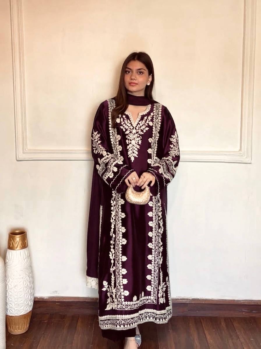 Wine Floral Embroidered Rayon Straight Suit Set with Pants & Dupatta