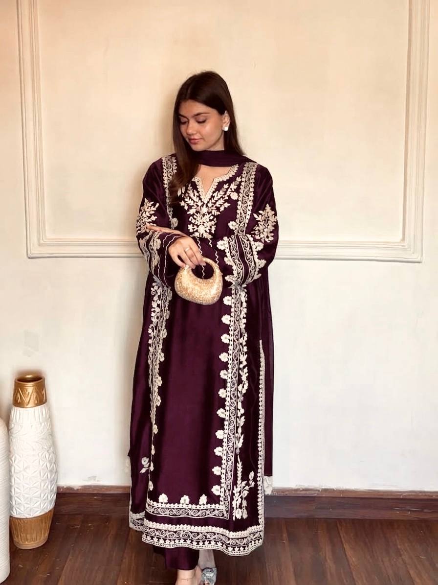 Wine Floral Embroidered Rayon Straight Suit Set with Pants & Dupatta