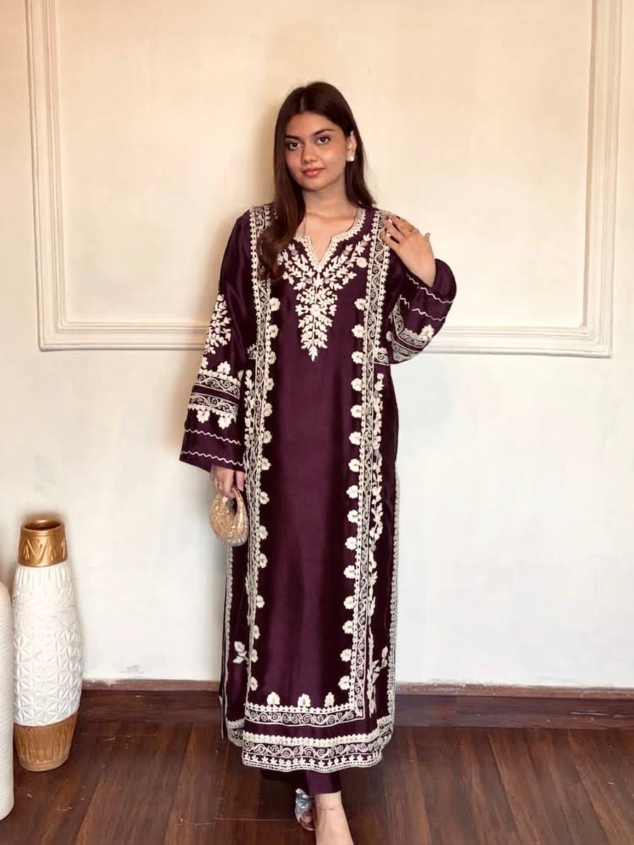 Wine Floral Embroidered Rayon Straight Suit Set with Pants & Dupatta