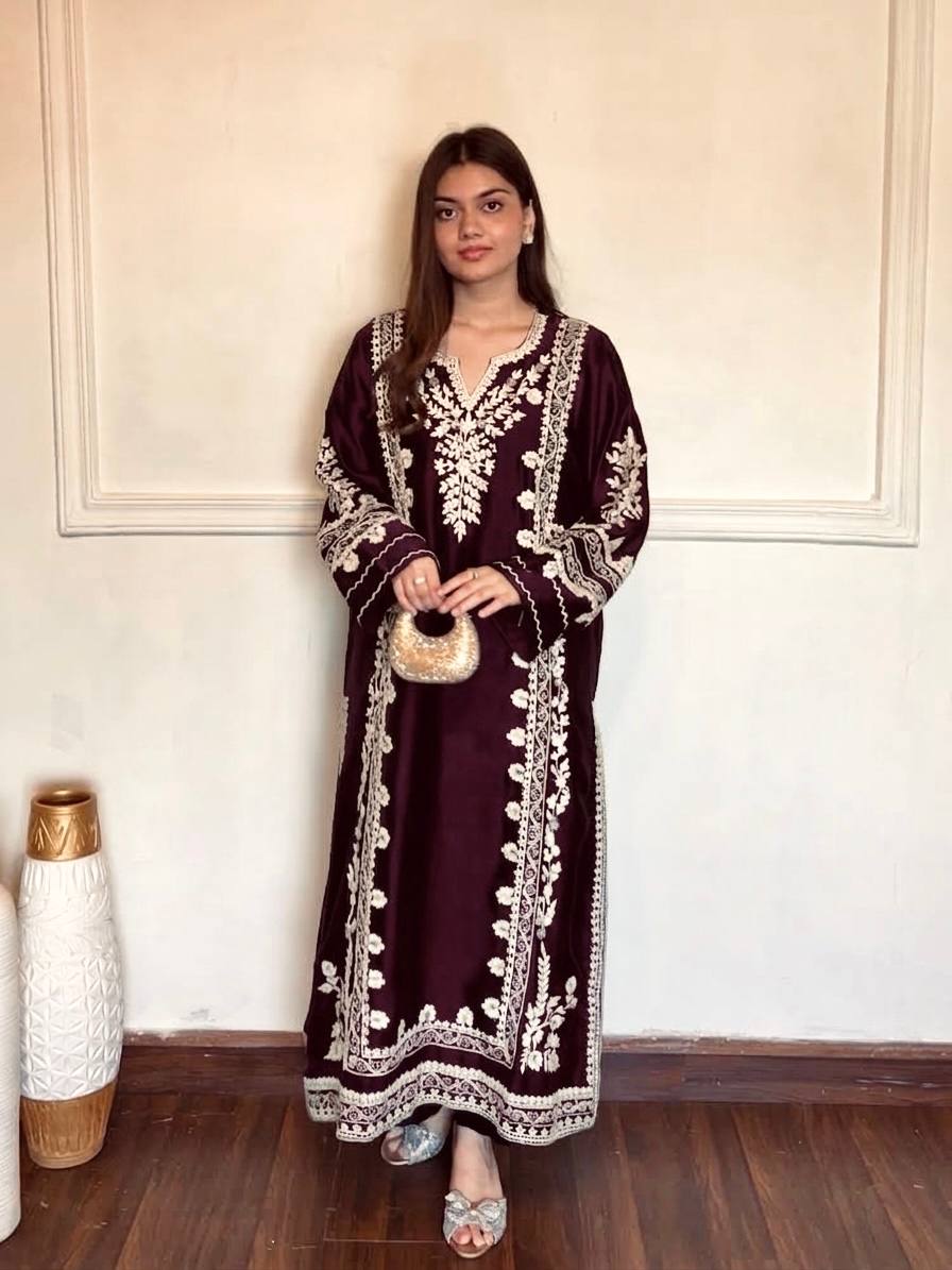 Wine Floral Embroidered Rayon Straight Suit Set with Pants & Dupatta