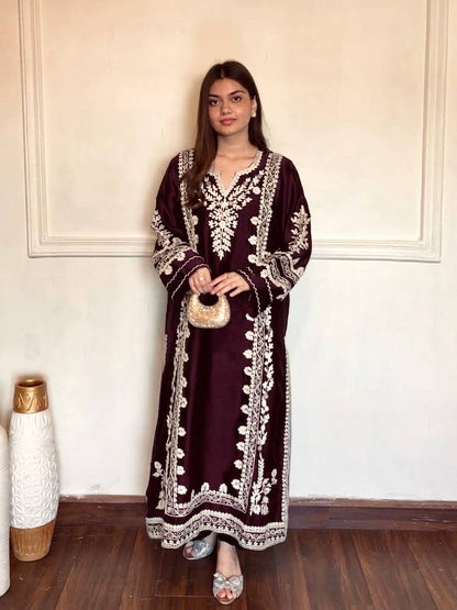 Wine Floral Embroidered Rayon Straight Suit Set with Pants & Dupatta