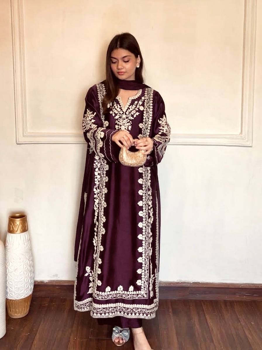 Wine Floral Embroidered Rayon Straight Suit Set with Pants & Dupatta