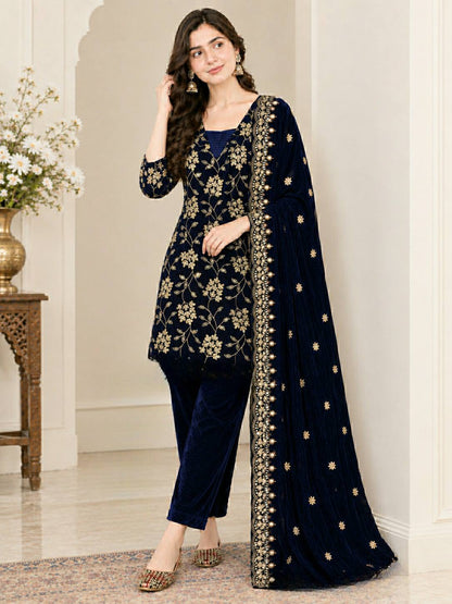 Navy Blue Floral Embroidered Velvet Stitched Straight Kurta