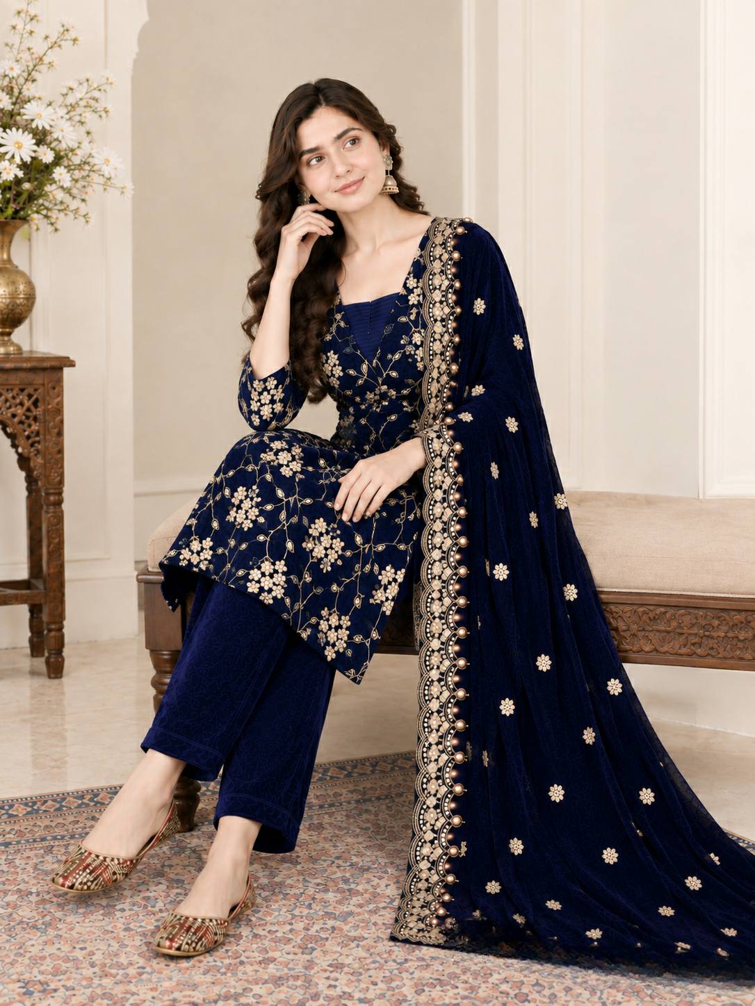 Navy Blue Floral Embroidered Velvet Stitched Straight Kurta