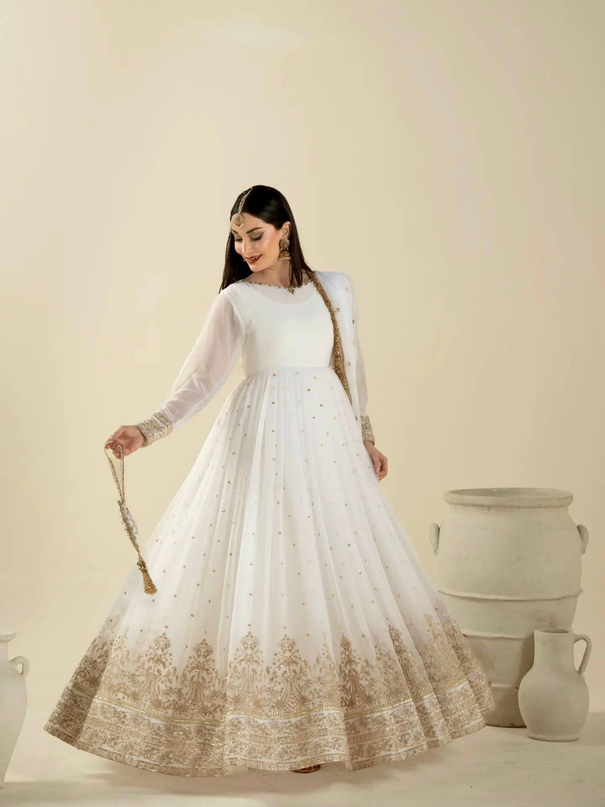 Ivory White Zari Embroidered Georgette Stitched Anarkali with Flared Bottom