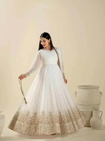 Ivory White Zari Embroidered Georgette Stitched Anarkali with Flared Bottom