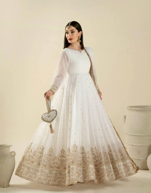 Ivory White Zari Embroidered Georgette Stitched Anarkali with Flared Bottom
