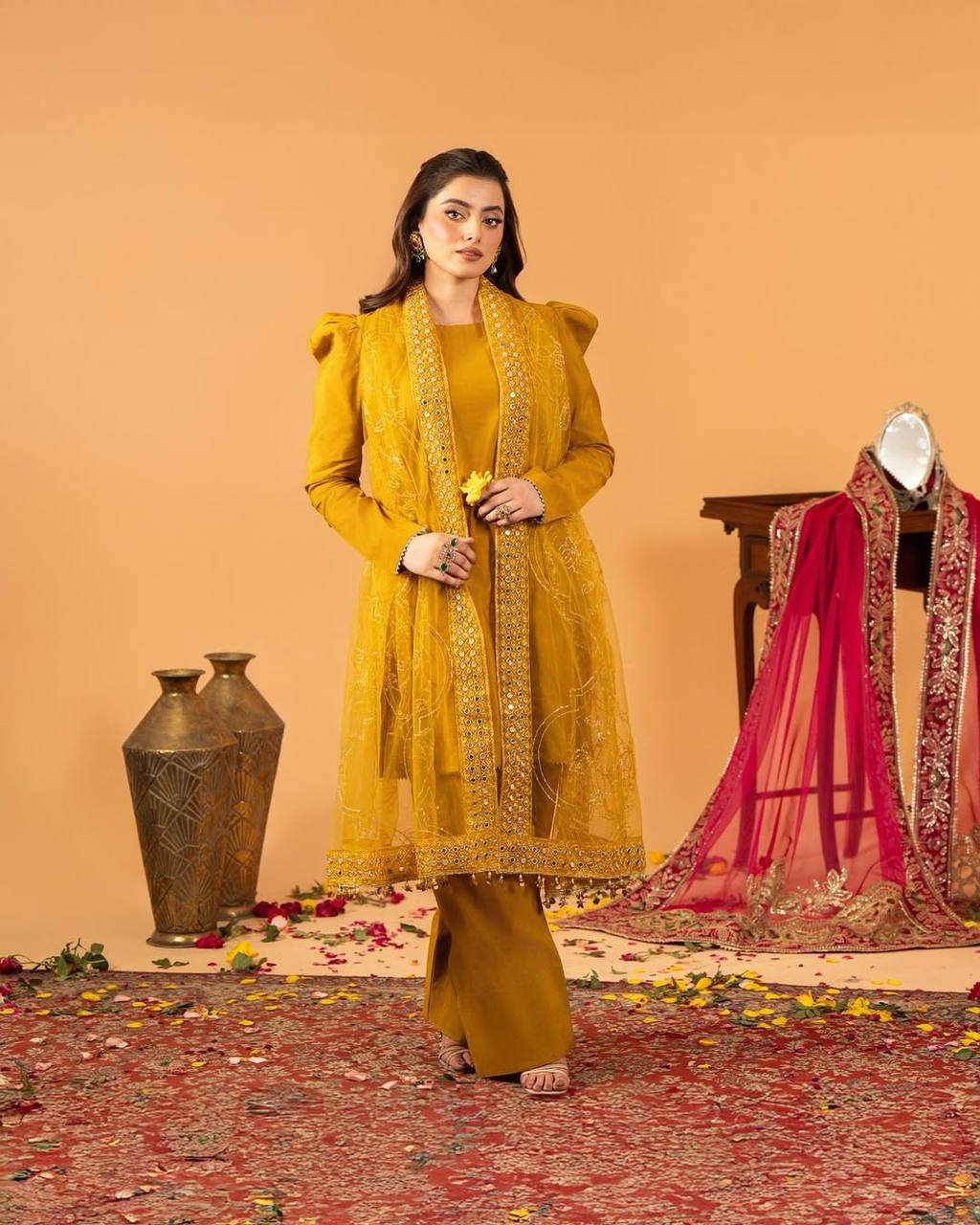Yellow Embroidered  Natural Silk Straight Kurta with Farshi salwar