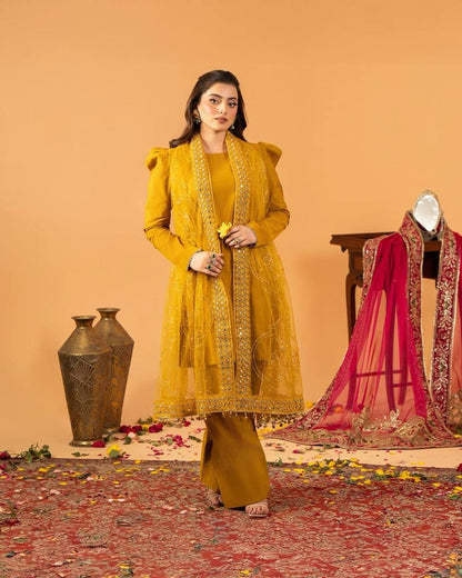 Yellow Embroidered  Natural Silk Straight Kurta with Farshi salwar