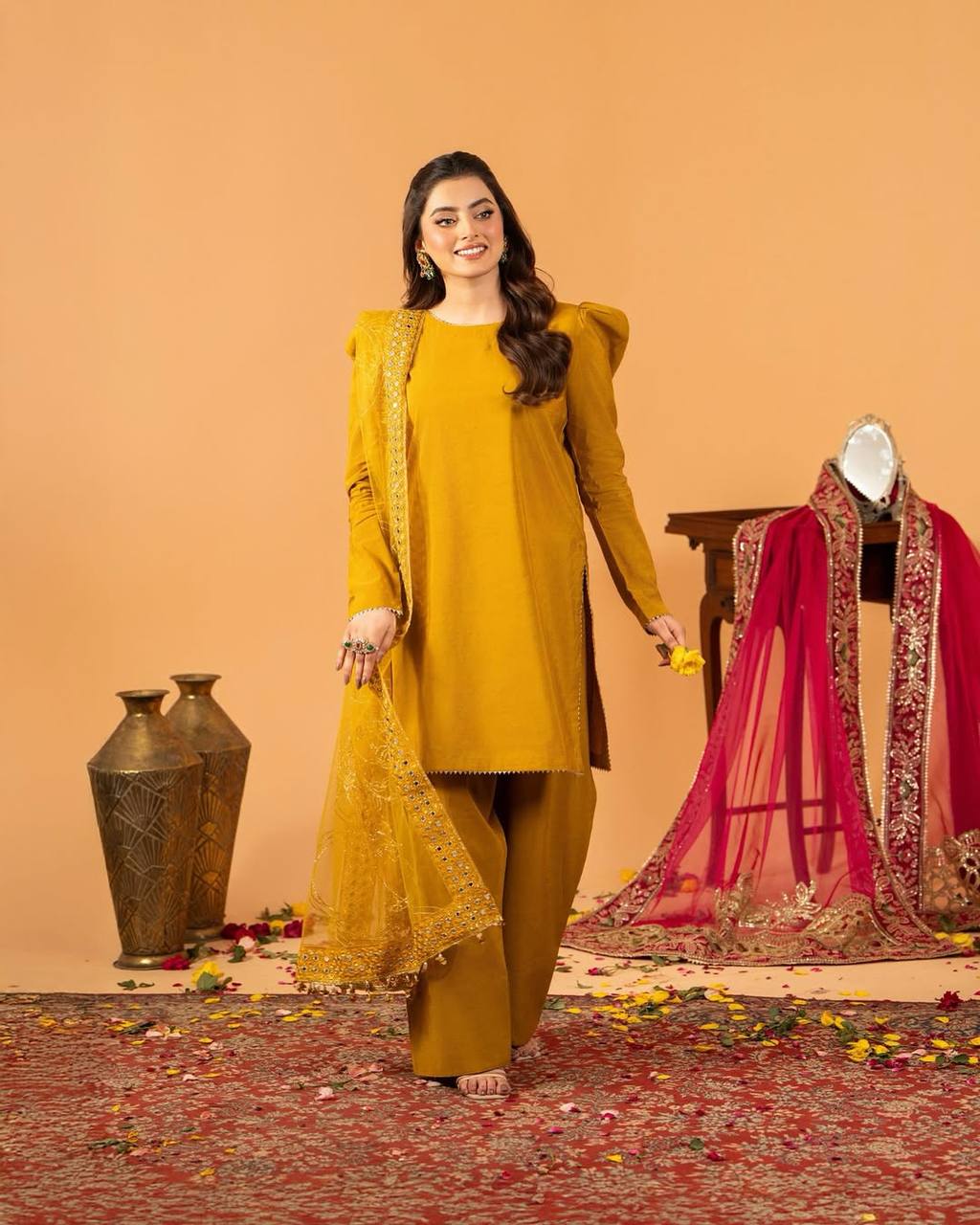 Yellow Embroidered  Natural Silk Straight Kurta with Farshi salwar