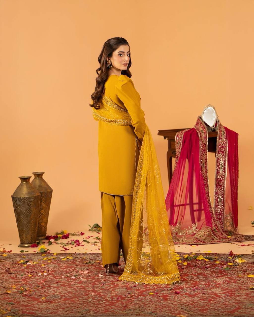 Yellow Embroidered  Natural Silk Straight Kurta with Farshi salwar