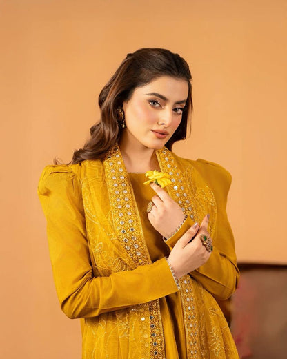 Yellow Embroidered  Natural Silk Straight Kurta with Farshi salwar