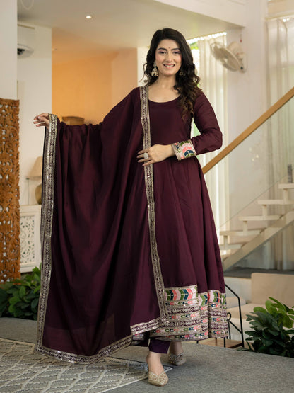 Maroon Embroidered  Roman Anarkali Suit with Dupatta