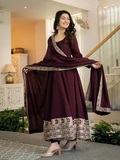 Maroon Embroidered  Roman Anarkali Suit with Dupatta