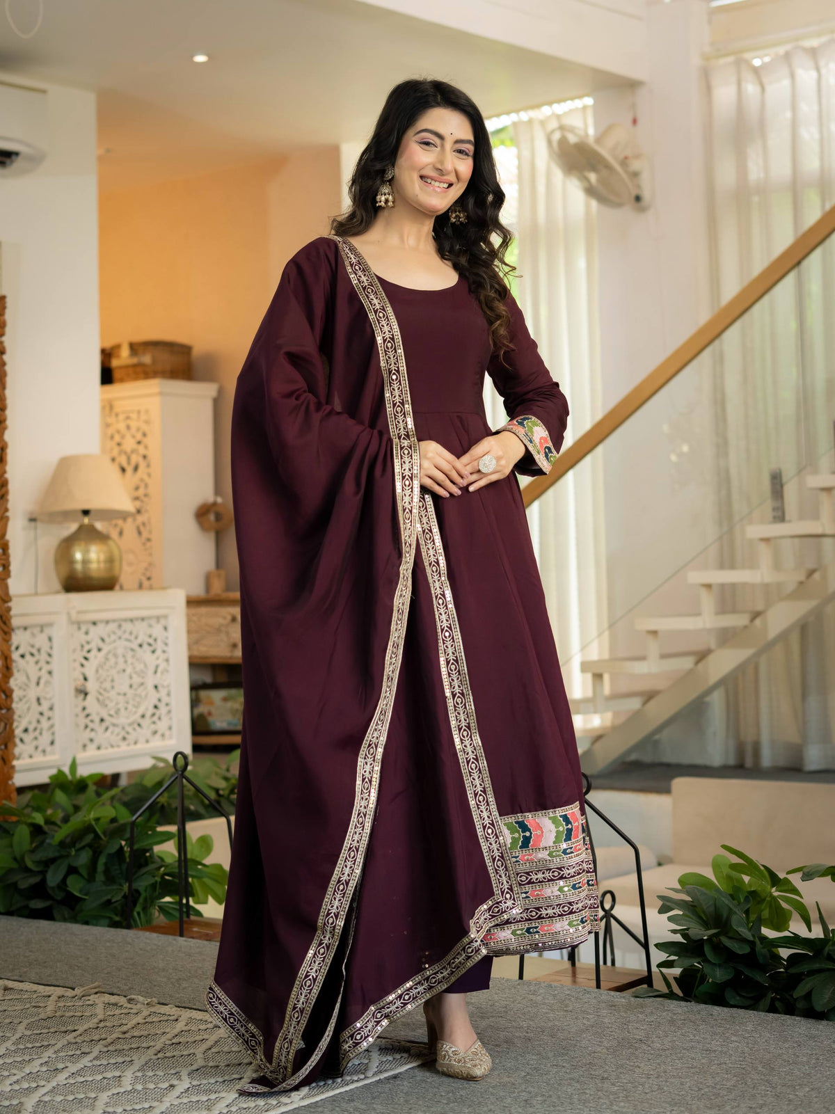 Maroon Embroidered  Roman Anarkali Suit with Dupatta