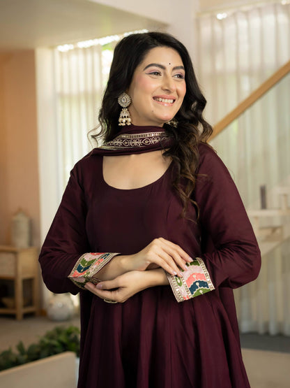 Maroon Embroidered  Roman Anarkali Suit with Dupatta