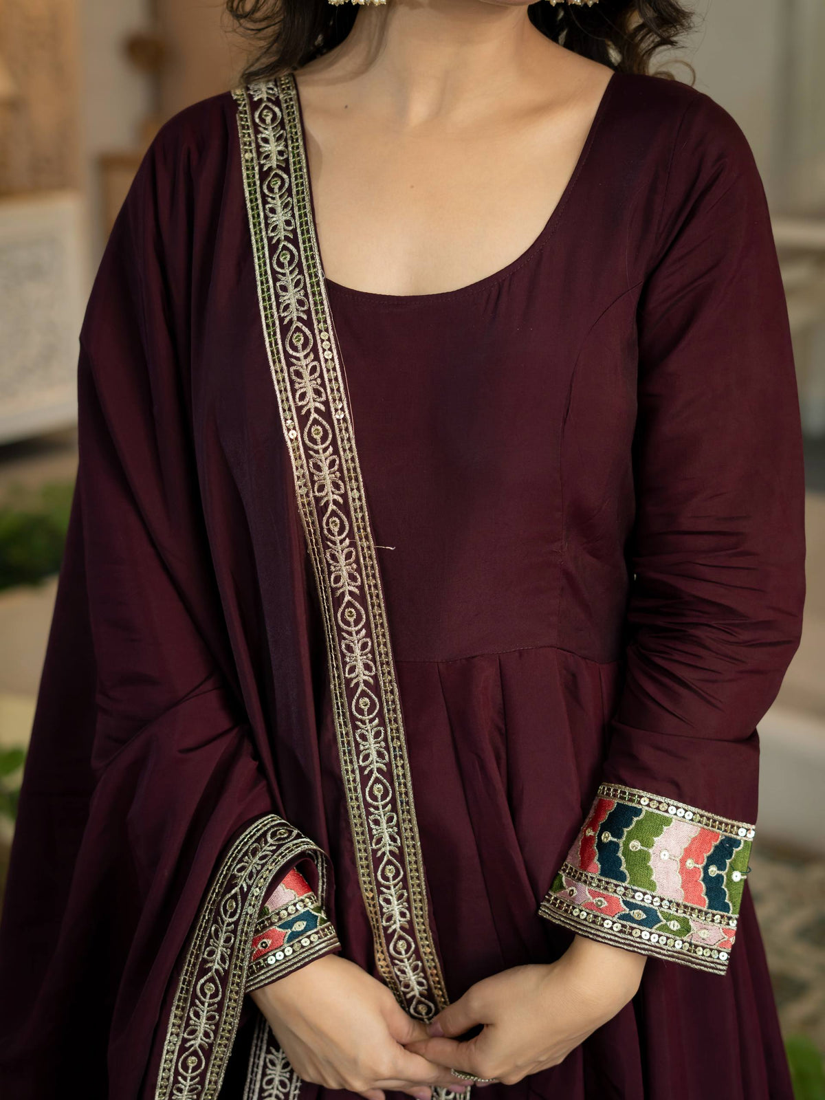 Maroon Embroidered  Roman Anarkali Suit with Dupatta