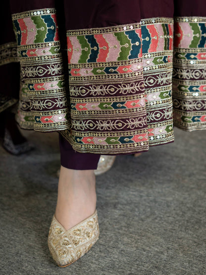 Maroon Embroidered  Roman Anarkali Suit with Dupatta
