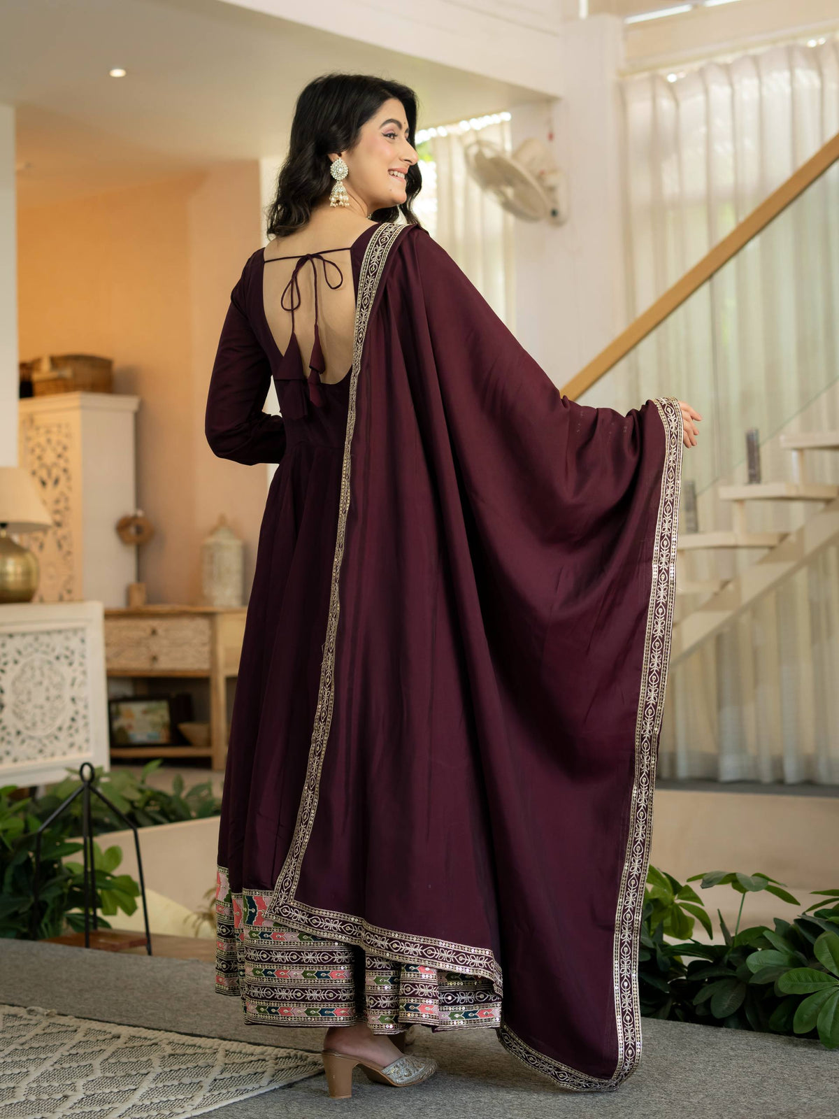 Maroon Embroidered  Roman Anarkali Suit with Dupatta