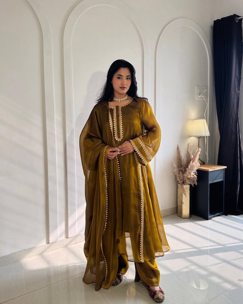 Yellow Embroidered Silk & Pant Palazzo Suit Set
