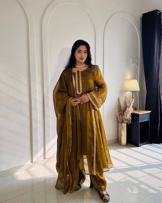 Yellow Embroidered Silk & Pant Palazzo Suit Set