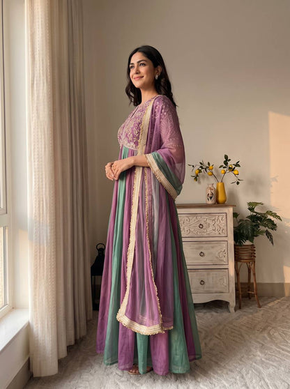 Pink Embroidered Silk Anarkali Suit Set with Flared Skirt & Dupatta