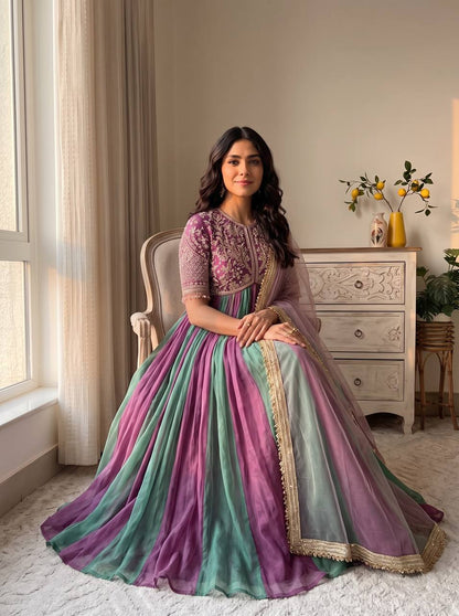 Pink Embroidered Silk Anarkali Suit Set with Flared Skirt & Dupatta