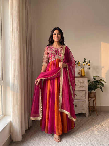 Pink Embroidered Silk Anarkali Suit Set with Flared Skirt & Dupatta